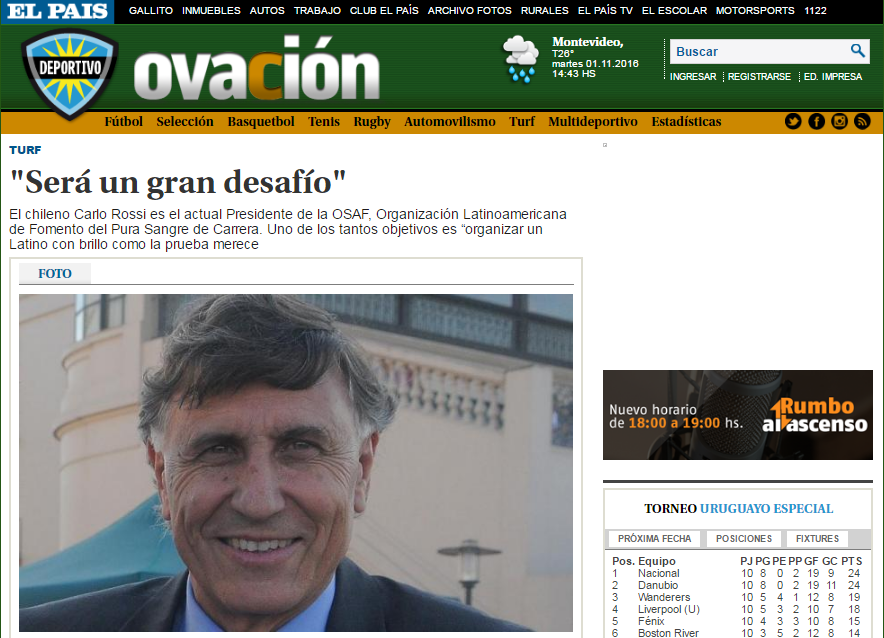 Jornal uruguaio entrevista o presidente da OSAF, Carlo Rossi